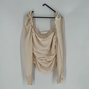 ASTR Puff Sleeve Square Neck Ruched Draped Smocked Blouse Top